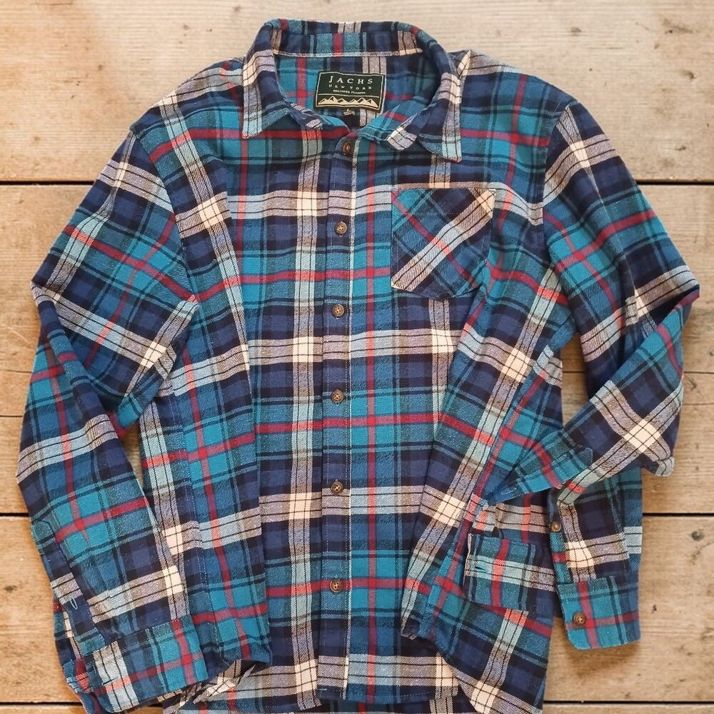 Jachs New York Size L Blue Turquoise Buffalo Check Flannel Shirt Casual Workwear